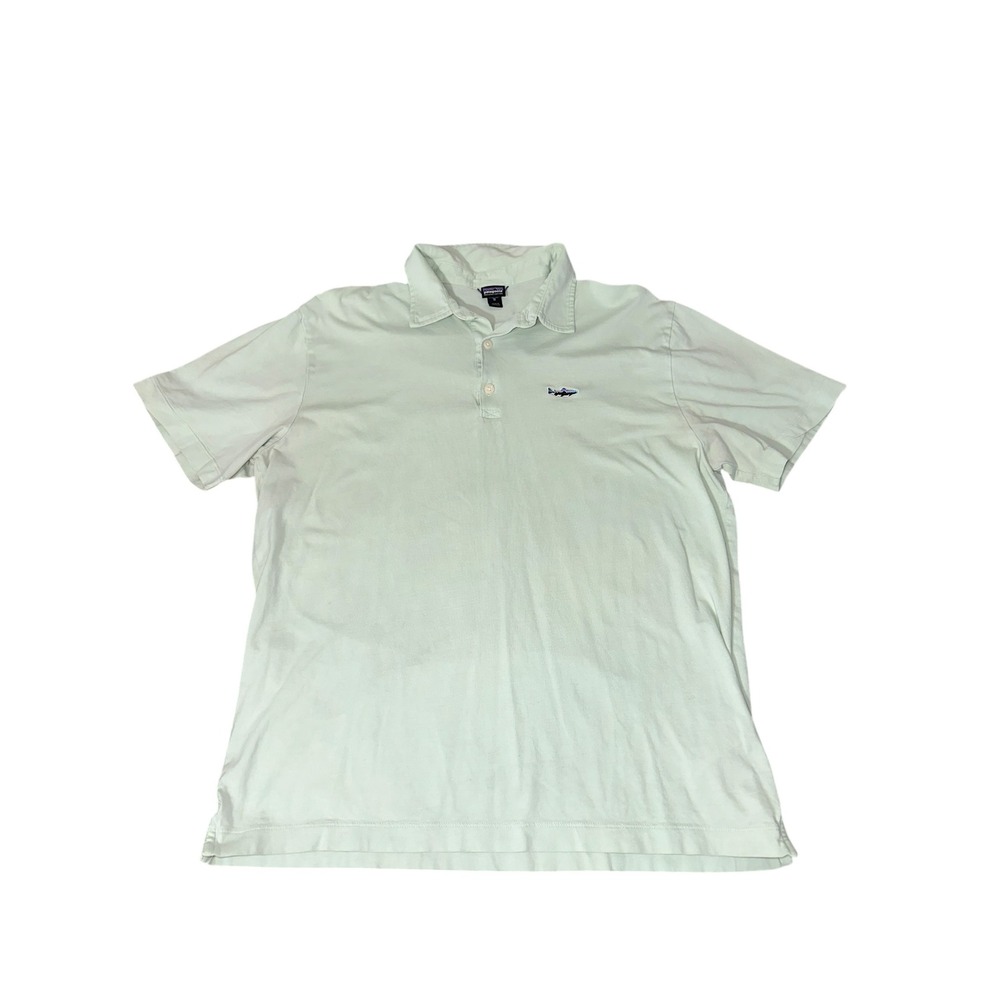 Patagonia Polo Shirt Medium Green Organic Cotton Trout Fish Casual Outdoors Golf